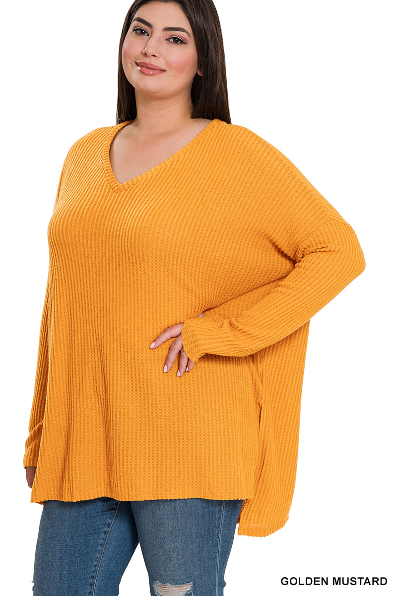 Women's Plus "Everly" Waffle Top- Gold